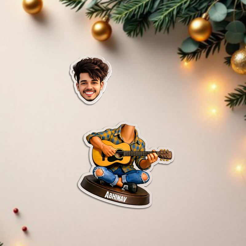 Personalized Bobblehead Caricature with Guitar, Custom Name Stand Home Tabletop Decor Battery Powered Moving Head Feature Gift for Guitar Lover